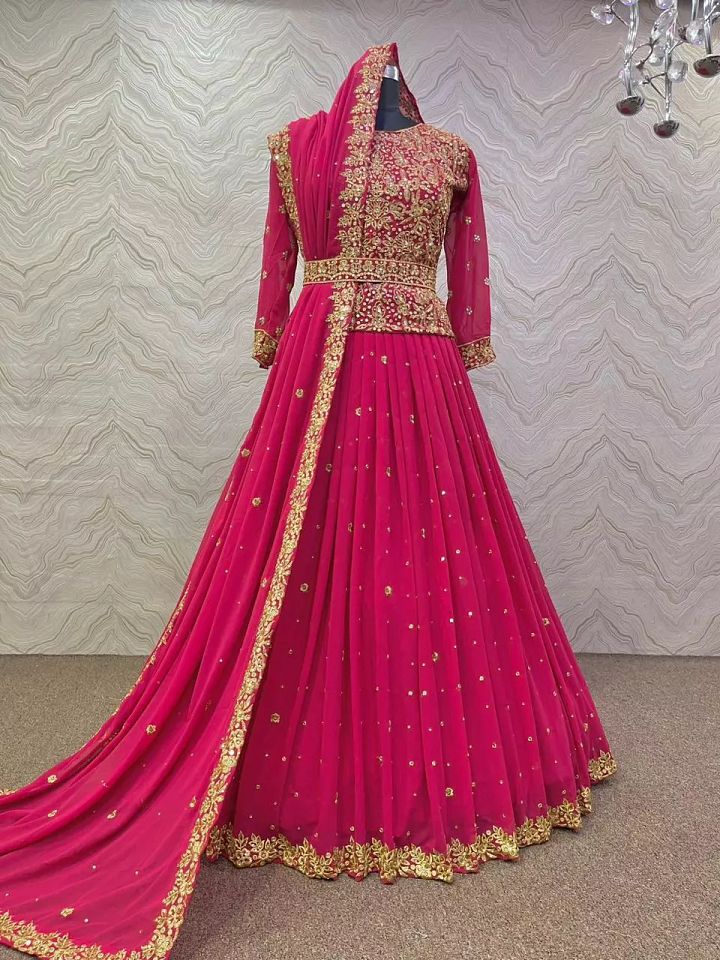 FULLY STITCHED PINK LONG BLOUSE LEHENGA CHOLI DIAMONDS WORK LENGHA TOP BELT product image (2)
