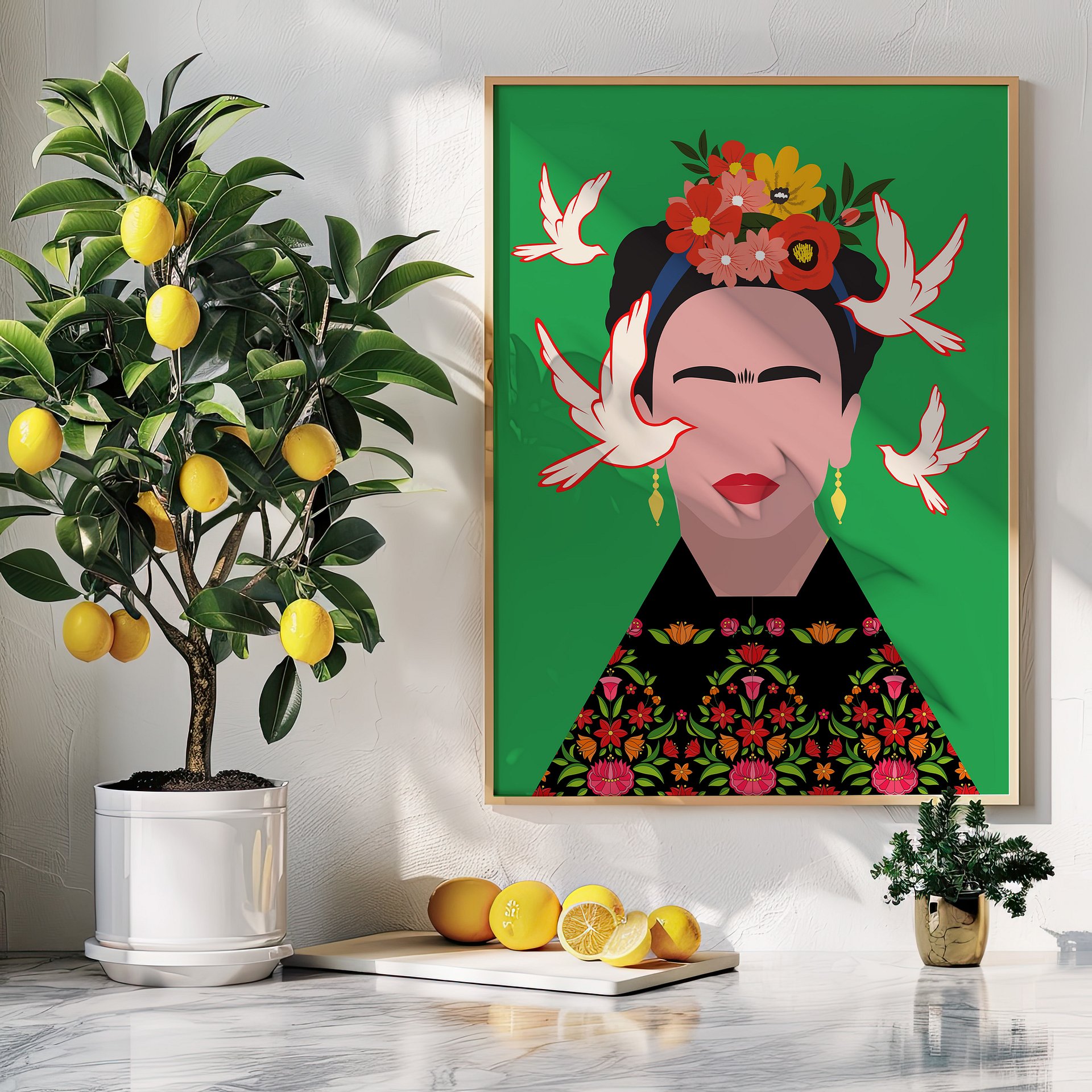 Frida Kahlo with Birds Folk Art Illustration Colorful Poster product image (8)