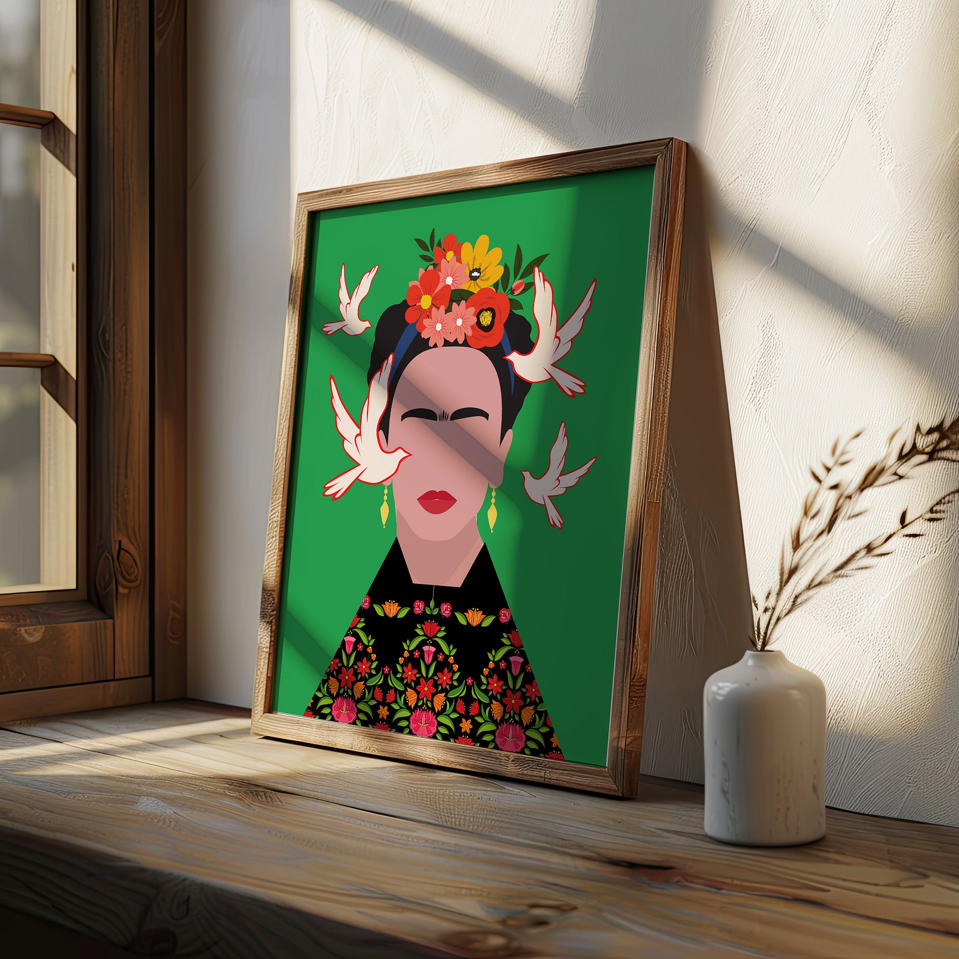 Frida Kahlo with Birds Folk Art Illustration Colorful Poster product image (3)