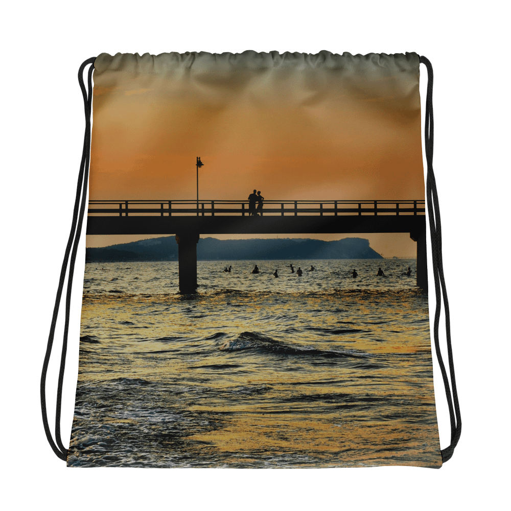 Rucksackbeutel mit Kordelzug - Liebespaar-Silhouette im Sonnenuntergang am Meer product image (1)