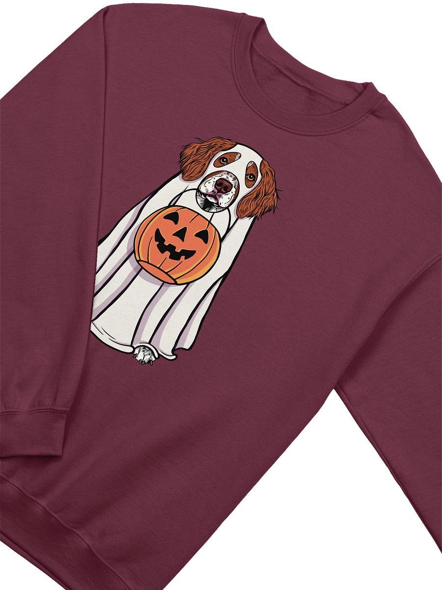 Funny Halloween Brittany Spaniel Sweatshirt | Funny Brittany Spaniel Wearing a Ghost Costume and Holding a Pumpkin Basket product image (13)