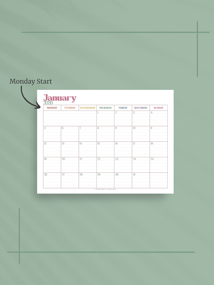 Summer Garden 2026 Calendar - Single Page per Month, Monday Start, Letter Size product image (2)