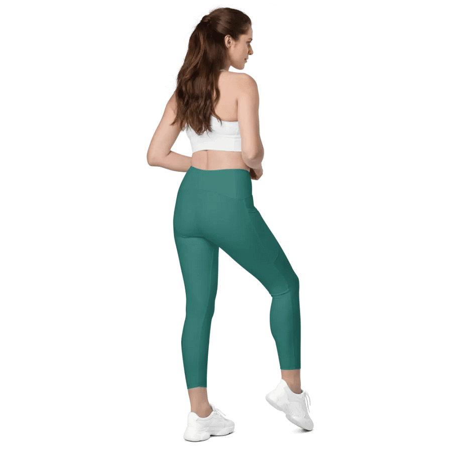 Plain Medium Teal Green True Summer Women's High Waisted Premium Crossover Leggings with Pockets by Treasure Pie product image (8)
