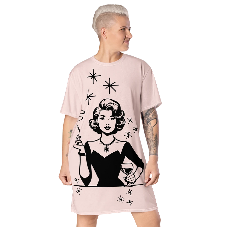 Retro Woman Drinking Wine T-Shirt Dress, Misty Rose product image (14)