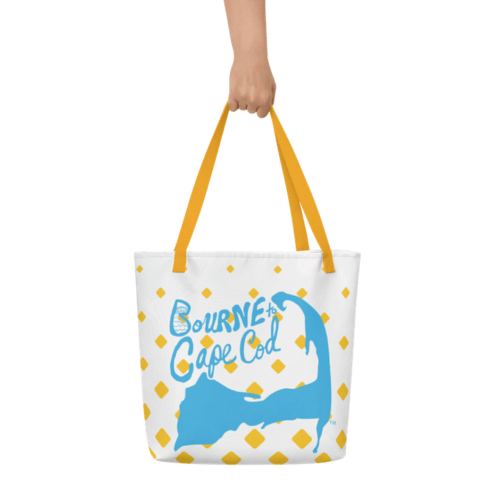 BOURNE to Cape Cod™ | Large Tote Bag with Pocket | Coastal Classic | All-Over Logo Print | Blue Logo | Retro Mod Yellow Diamond product image (1)