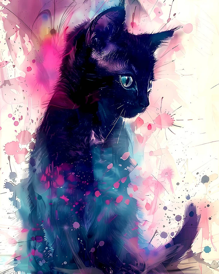 Mystique in Watercolor: Abstract Black Cat Amidst Vivid Splashes Matte Poster product image (1)