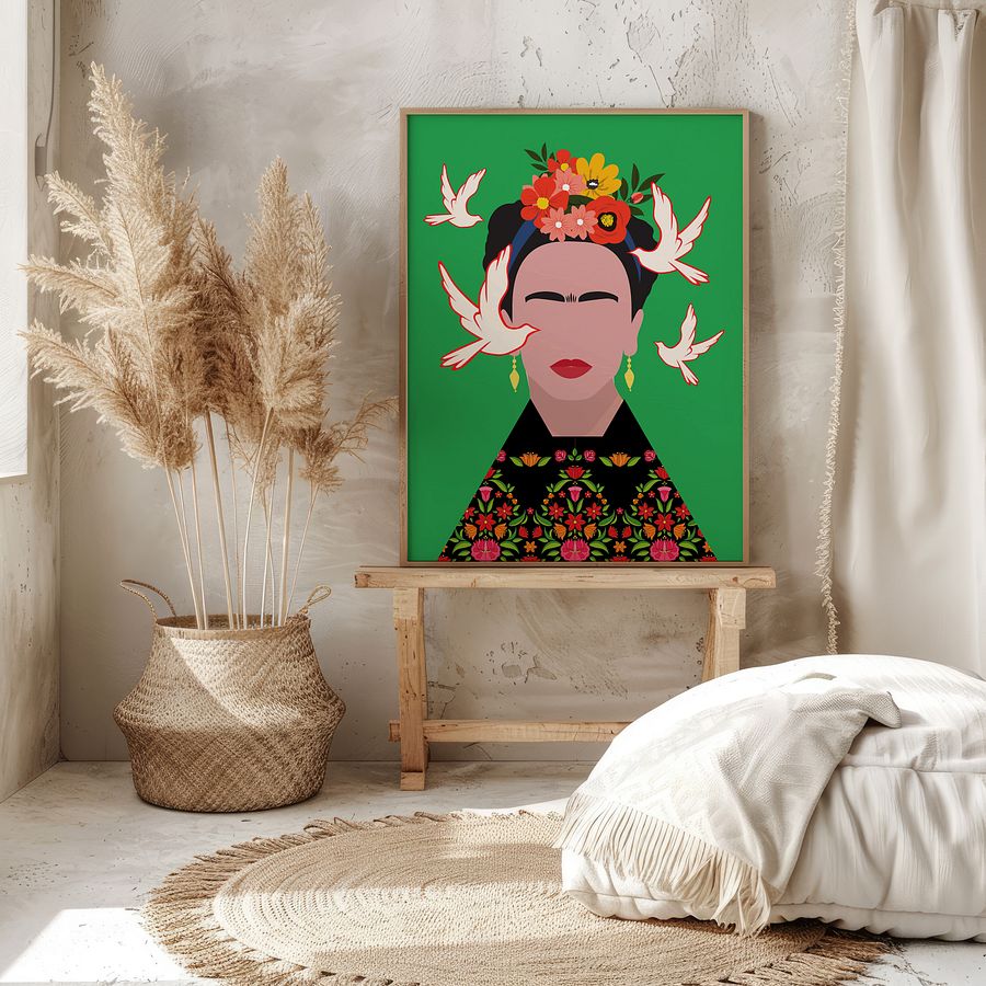 Frida Kahlo with Birds Folk Art Illustration Colorful Poster product image (7)