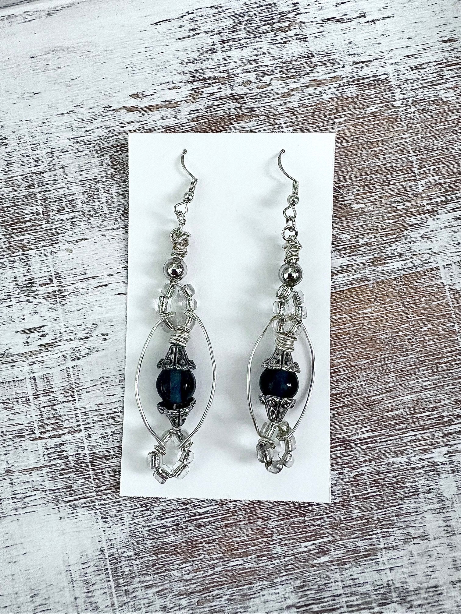 MFD-00126 | Handmade Ornate Silver-Tone & Dark Blue Bead Earrings | Monique Faella Designs™ product image (1)