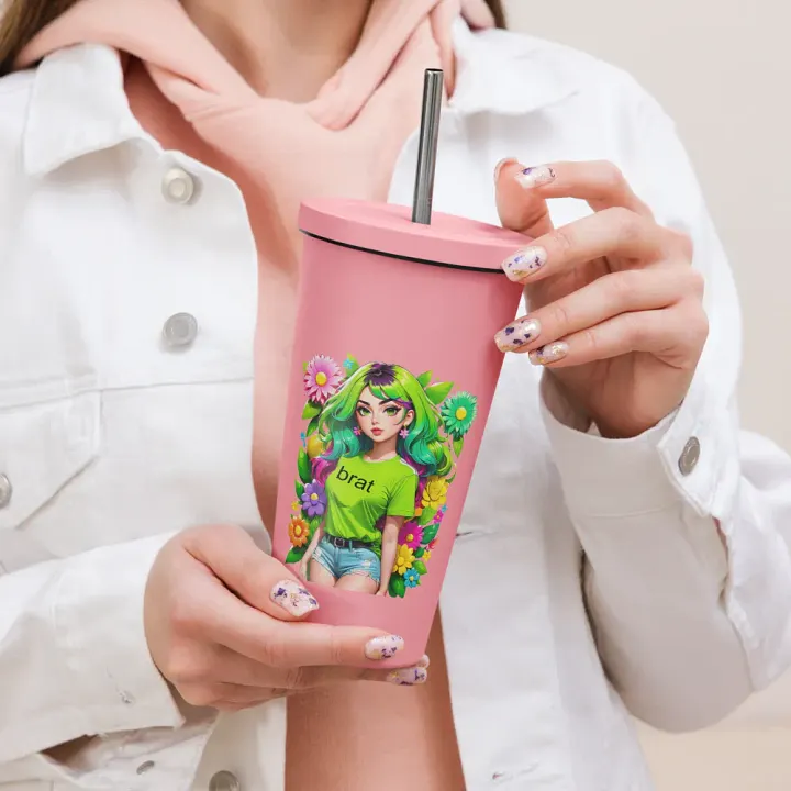 Brat 20 oz Tumbler Cup - Pink - Insulated Tumbler with a Straw v4 product image (2)