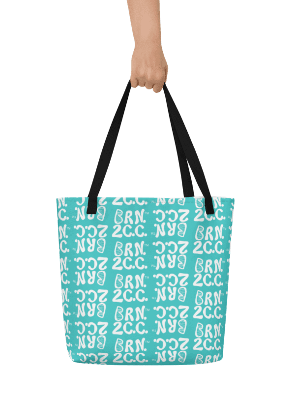 BRN.2C.C.™ | Large Tote Bag with Pocket | Coastal Classic | All-Over Logo Print | White Logo Repeat on Dark Turquoise product image (2)
