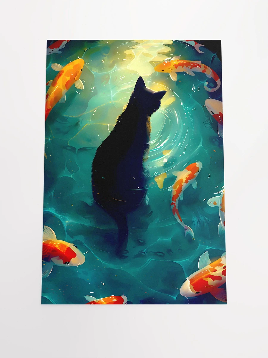Tranquil Reflections: Black Cat Overlooking Swirling Koi in Moonlit Pond Matte Poster product image (3)