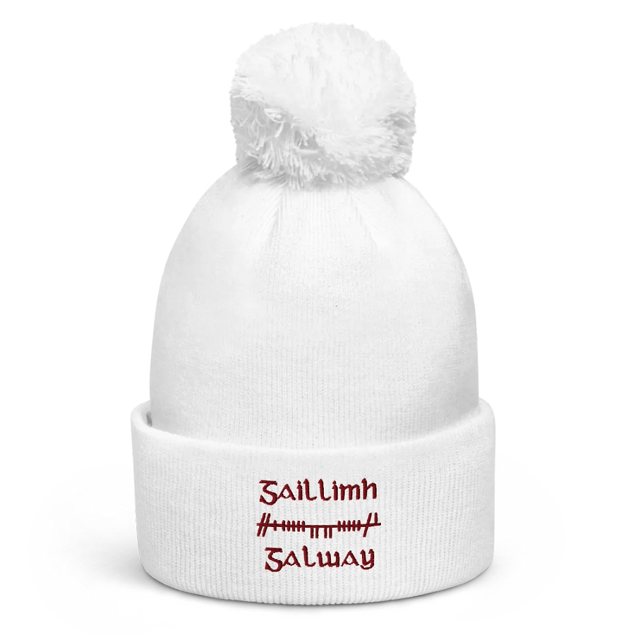 Galway/Gaillimh Orthodox Style Ogham, white with maroon, embroidered Pom-Pom Beanie product image (1)