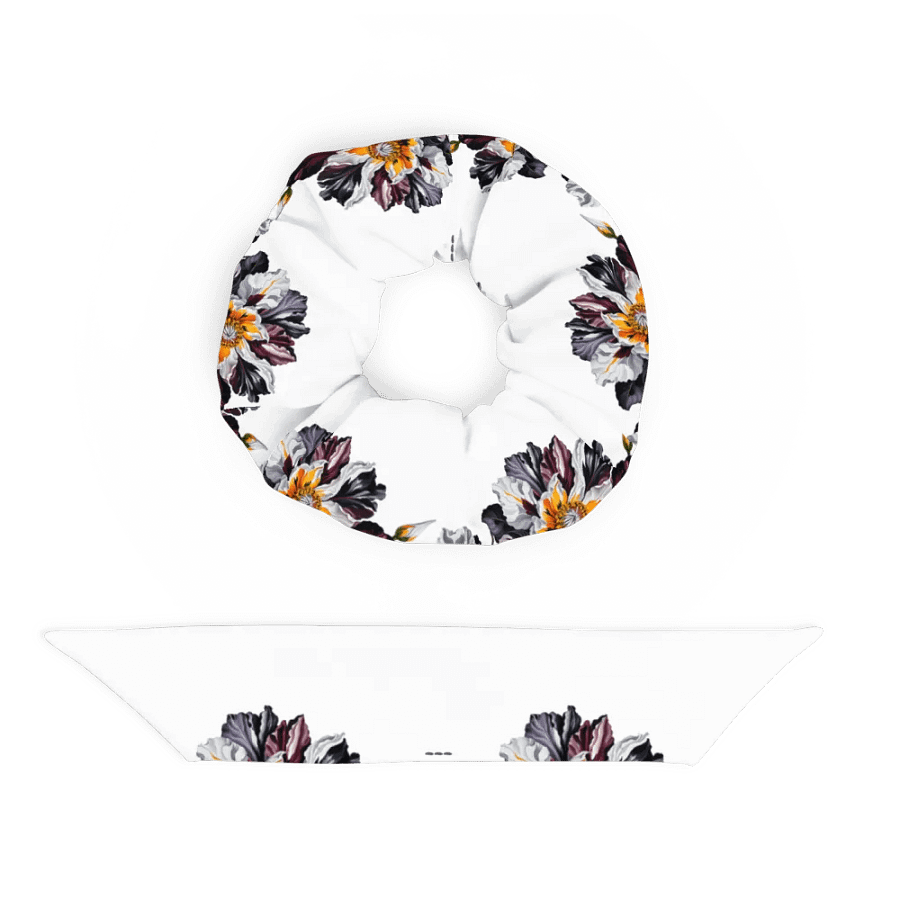 Hair Scrunchie - Painted Crimson, Black, and Yellow Flowers on White product image (5)