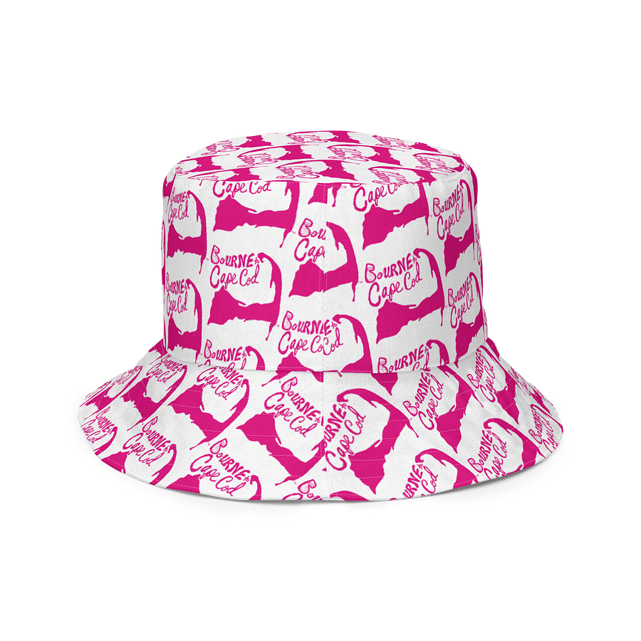 Adults Unisex | Reversible Bucket Hat | BOURNE to Cape Cod™ x BRN.2C.C.™ All-Over Logo Print | Coastal Style Sun Hat | Vibrant Pink & White product image (6)