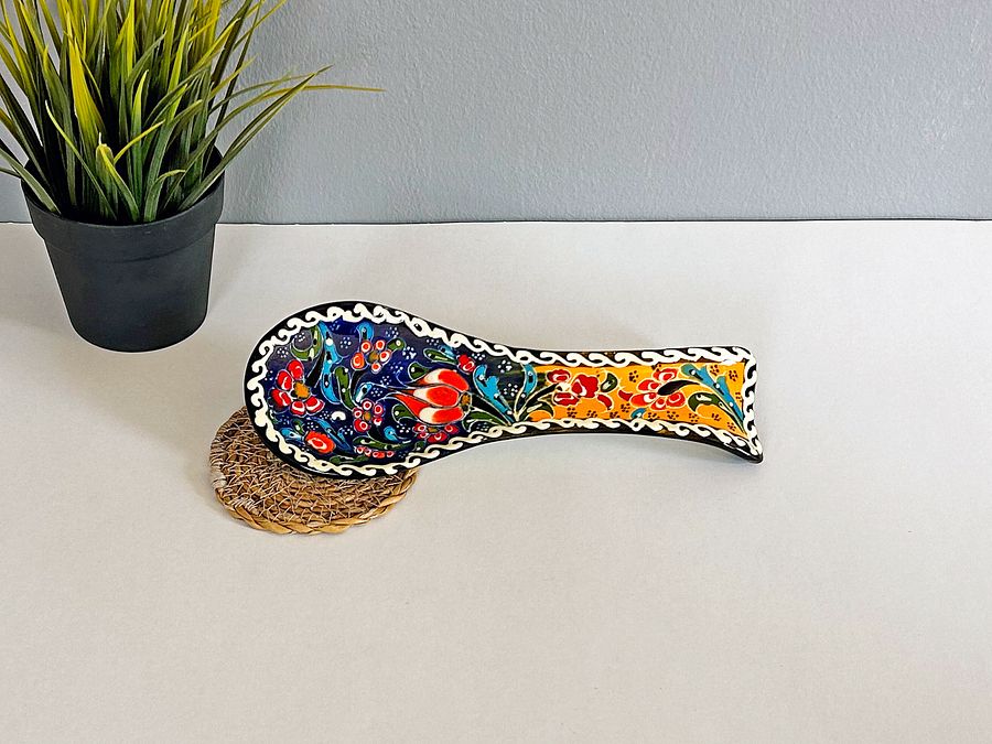 Ceramic spoon rest (Iznik style, blue-yellow) — handmade pottery product image (5)