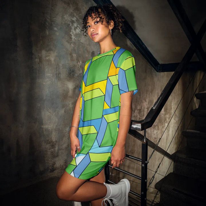 Colorful Large Block Abstract All-Over Print T-Shirt Dress product image (1)