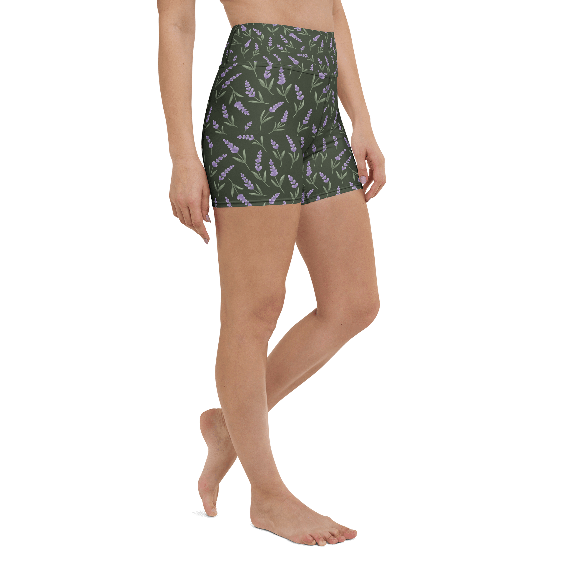 All-Over print yoga shorts with lavender pattern on green background. Eco-Friendly activewear product image (3)