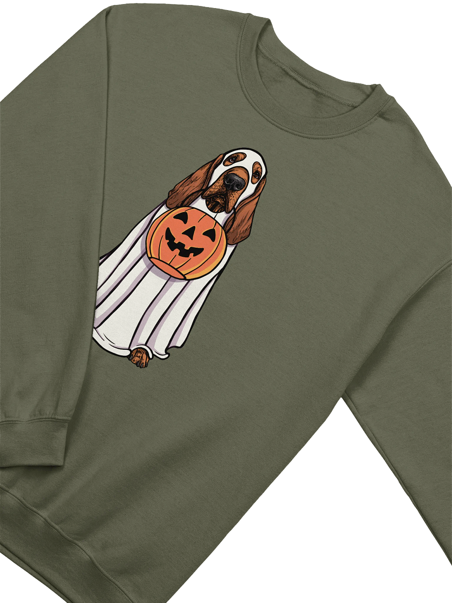 Funny Halloween Bloodhound(Red) Sweatshirt | Funny Bloodhound Wearing a Ghost Costume and Holding a Pumpkin Basket product image (18)
