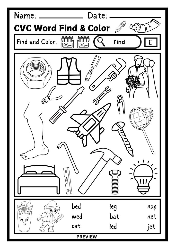 Find and Color - CVC Word Fun Worksheets PDF Printable product image (2)