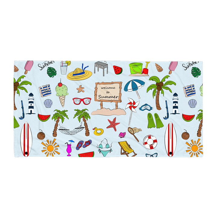 Welcome to Summer Beach Towel – Fun Illustrated Print, Soft Cotton Terry Back product image (1)