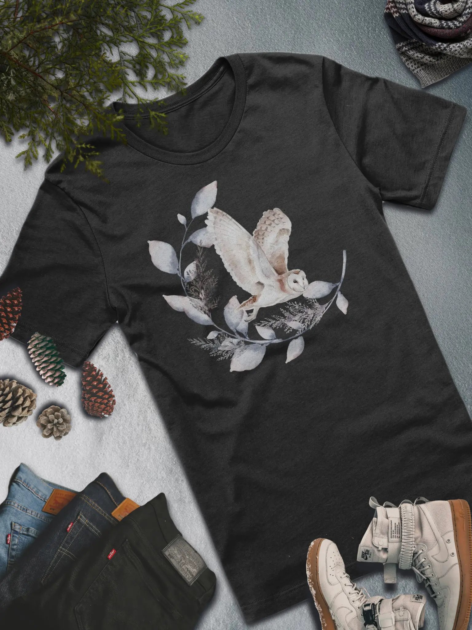 Winter Owl in Flight T-Shirt – Elegant Nature-Inspired Fashion product image (1)