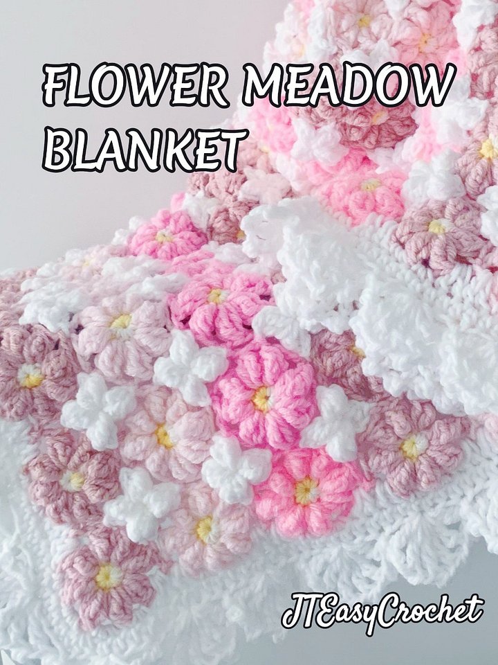 Flower Meadow Blanket Crochet Pattern, 3D Textured Crochet Motif Floral Afghan, Couch Lap Throw, Vintage Cottagecore Boho Style product image (2)