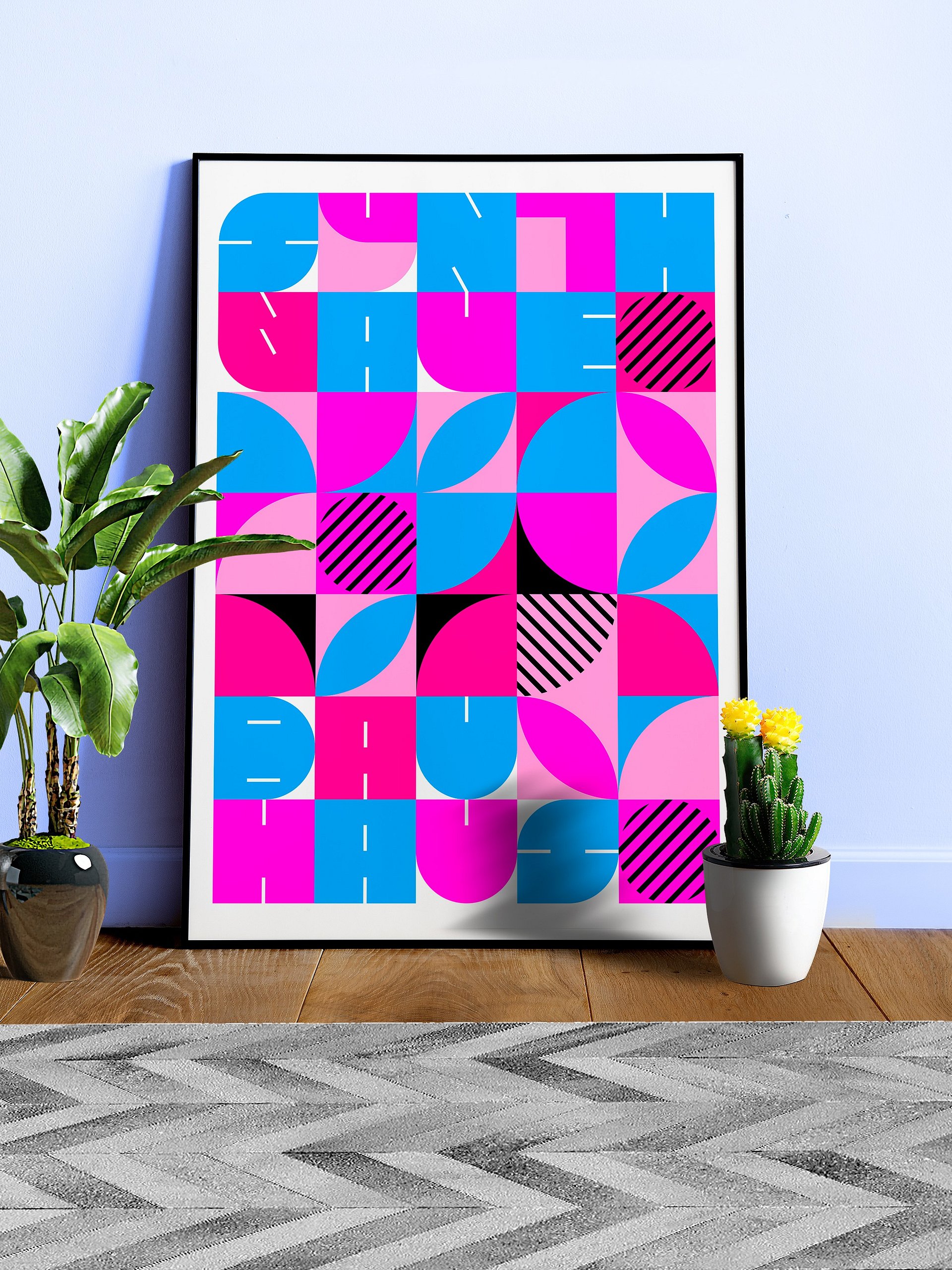 Bauhaus Synthwave #2 poster (fuchsia/magenta-blue) — abstract poster, retrowave print, vaporwave geometric art, 1980s print,1930s wall decor product image (1)