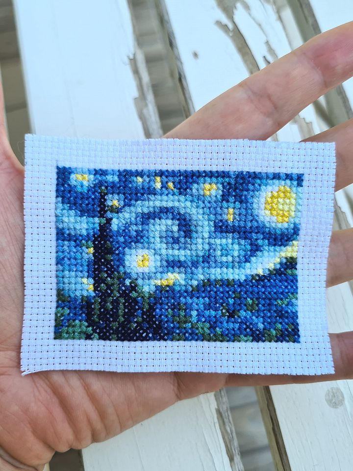 Modern cross stitch pattern "Tiny Van Gogh Starry Night". Miniature art cross stitch. product image (1)