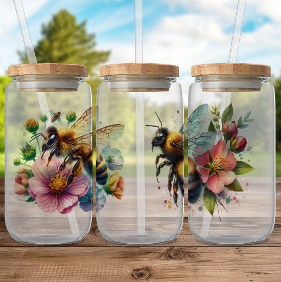 Vibrant Love Bees Tumbler: Eco-Friendly Glass Jar with Bee and Wildflower Artwork product image (1)