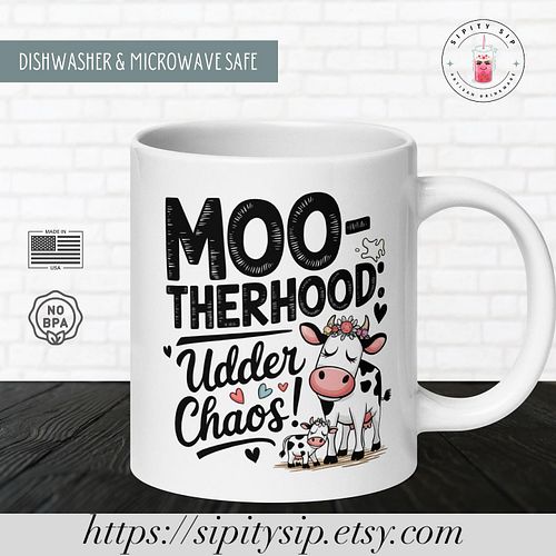 🌸🐄 Celebrate the moo-gical chaos of motherhood with our adorable Moo-therhood: Udder Chaos mug! ☕💕 Featuring a sweet Momma co...
