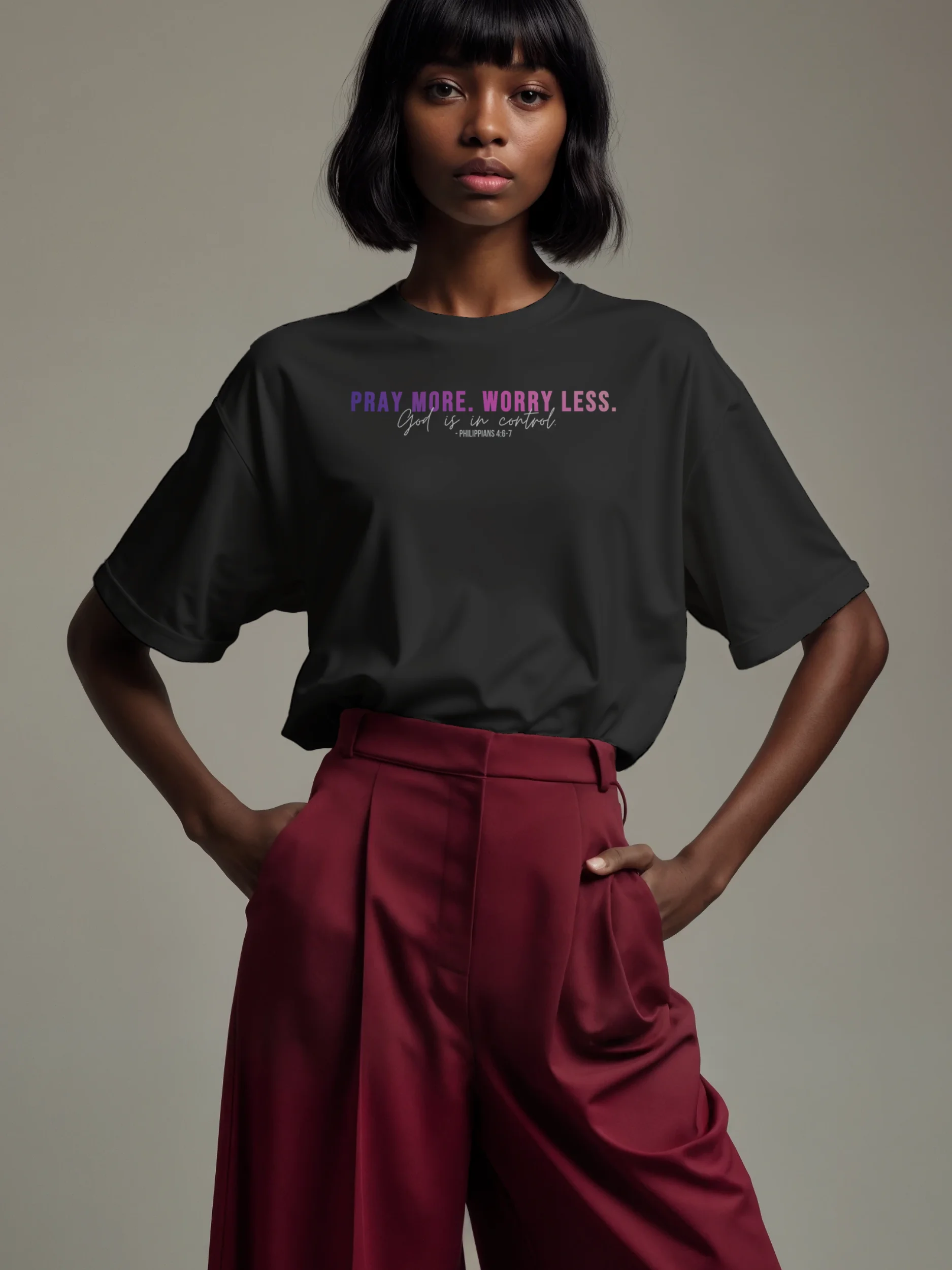 Pray More Worry Less 1.0 Unisex Tee- Dark Colors - Pink Gradient Text product image (1)