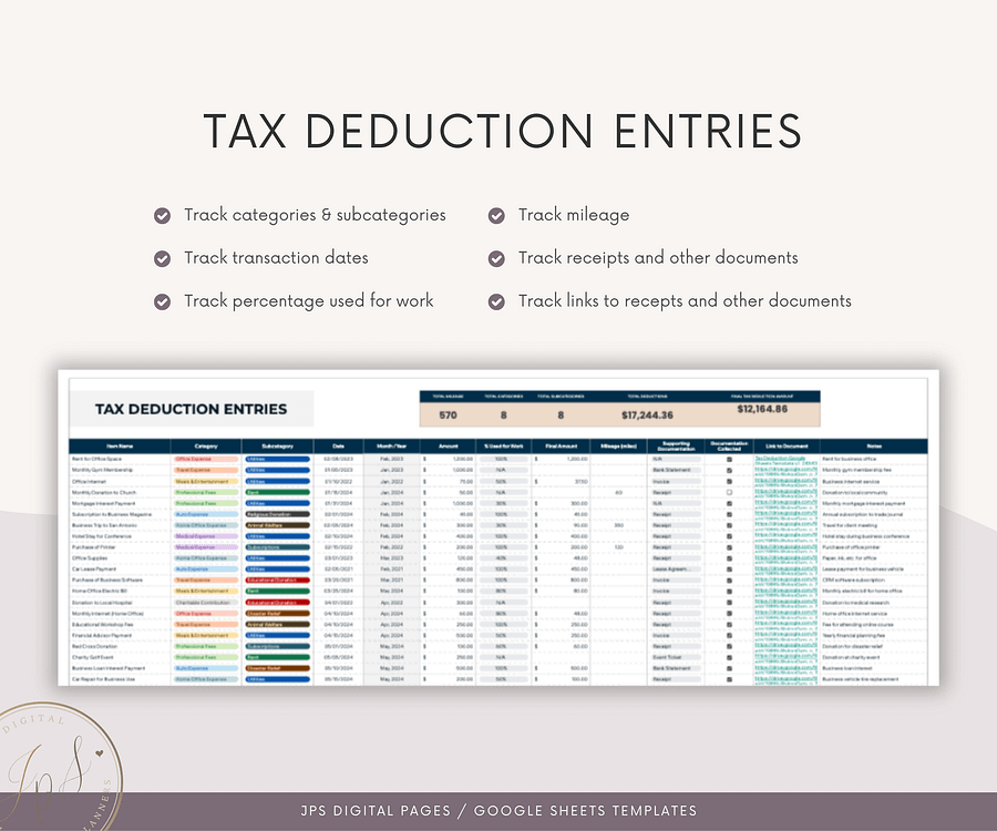 Tax Deductions Tracker & Dashboard Spreadsheet, Google Sheets Template product image (4)