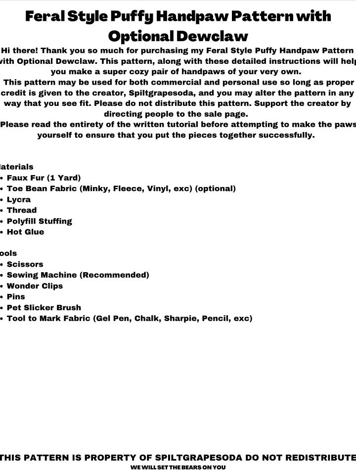 Feral Style Puffy Hand Paw Pattern with Optional Dewclaw [PDF DOWNLOAD] product image (2)