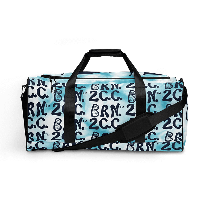 BOURNE to Cape Cod™ | Duffle Bag | BRN.2C.C.™ | Coastal Gym & Travel Gear | 22" All-Over Print Weekender | Navy Blue Logos on Blue Tie-Dye product image (1)