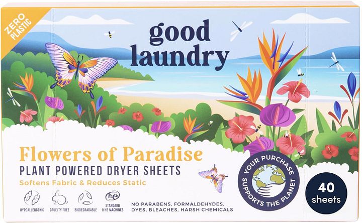 Flowers of Paradise Scented Dryer Sheets, Reduce Static, Infused with Essential Oils, No Harsh Chemicals, Biodegradable, Hypoallergenic, No Plastic product image (1)