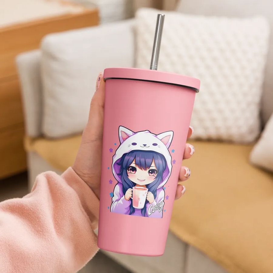 Cozy Kawaii Anime Girl 20 oz Tumbler Cup - Pink - Insulated Tumbler with a Straw product image (3)