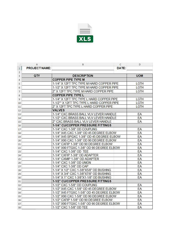 Domestic Water Cu BOM MS Excel Template No.1 & No. 2 product image (2)