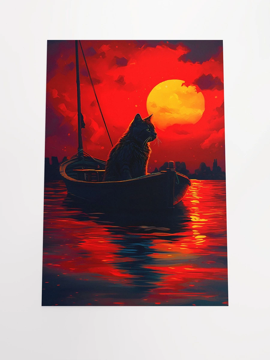 Cat on a Boat in Crimson Moonlit Sea Full Moon Matte Poster product image (3)