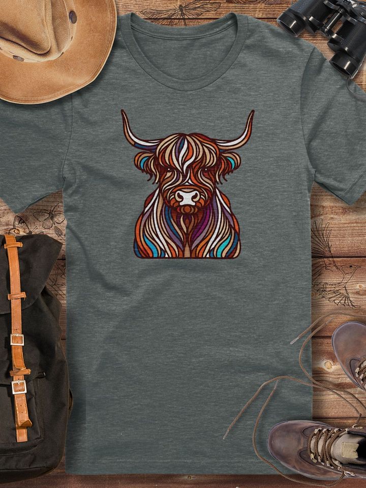 Highland Cow T-Shirt, Abstract Scottish Highland Coo Art, Colourful Farm Animal Tee, Unique Cow Lover Gift product image (1)