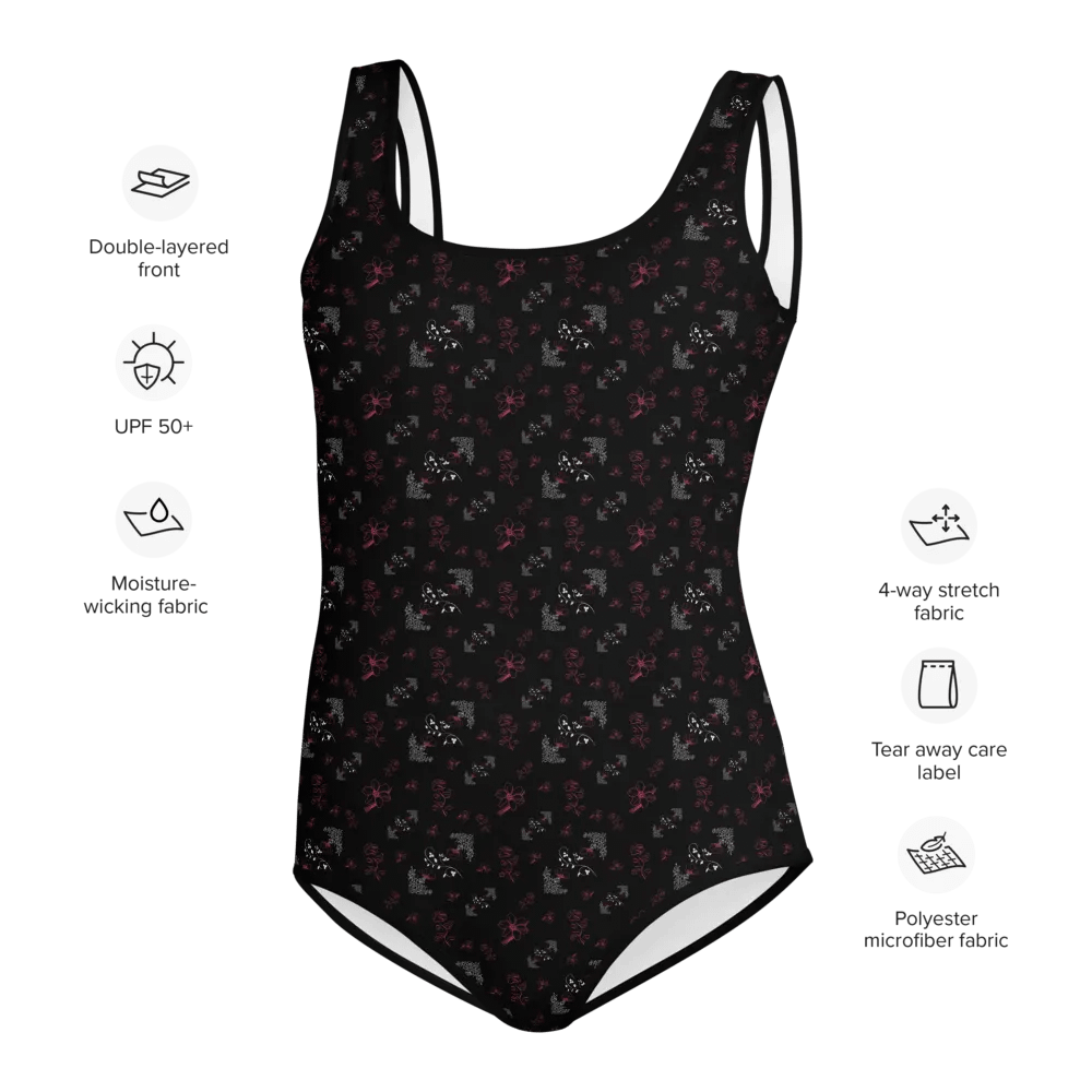Magenta and White Flowers on Black One-Piece Youth Swimsuit product image (7)