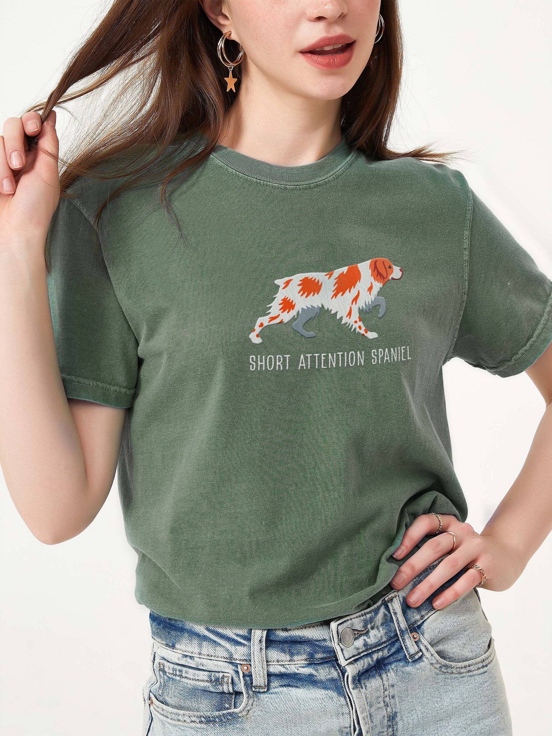 Short Attention Spaniel T-Shirt(Embroidered) of a Brittany Spaniel(Orange & White) product image (2)