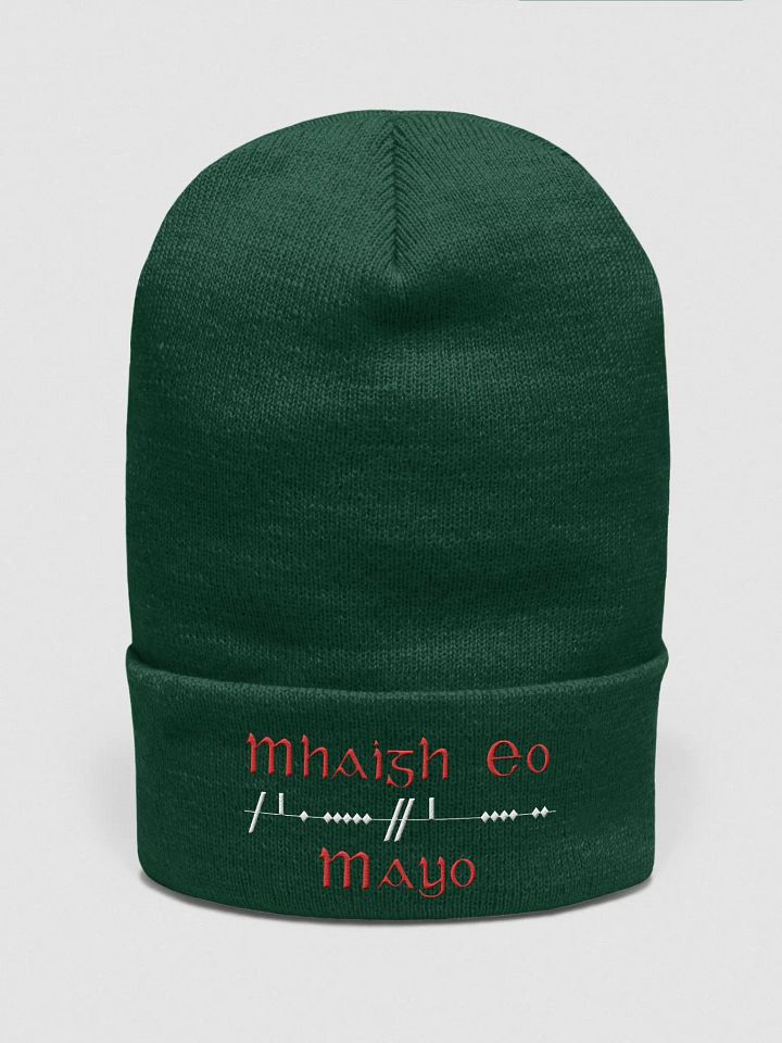 Mayo/Maigh Eo, Scholastic style Ogham, green with red and white, embroidered Cuffed Beanie product image (1)