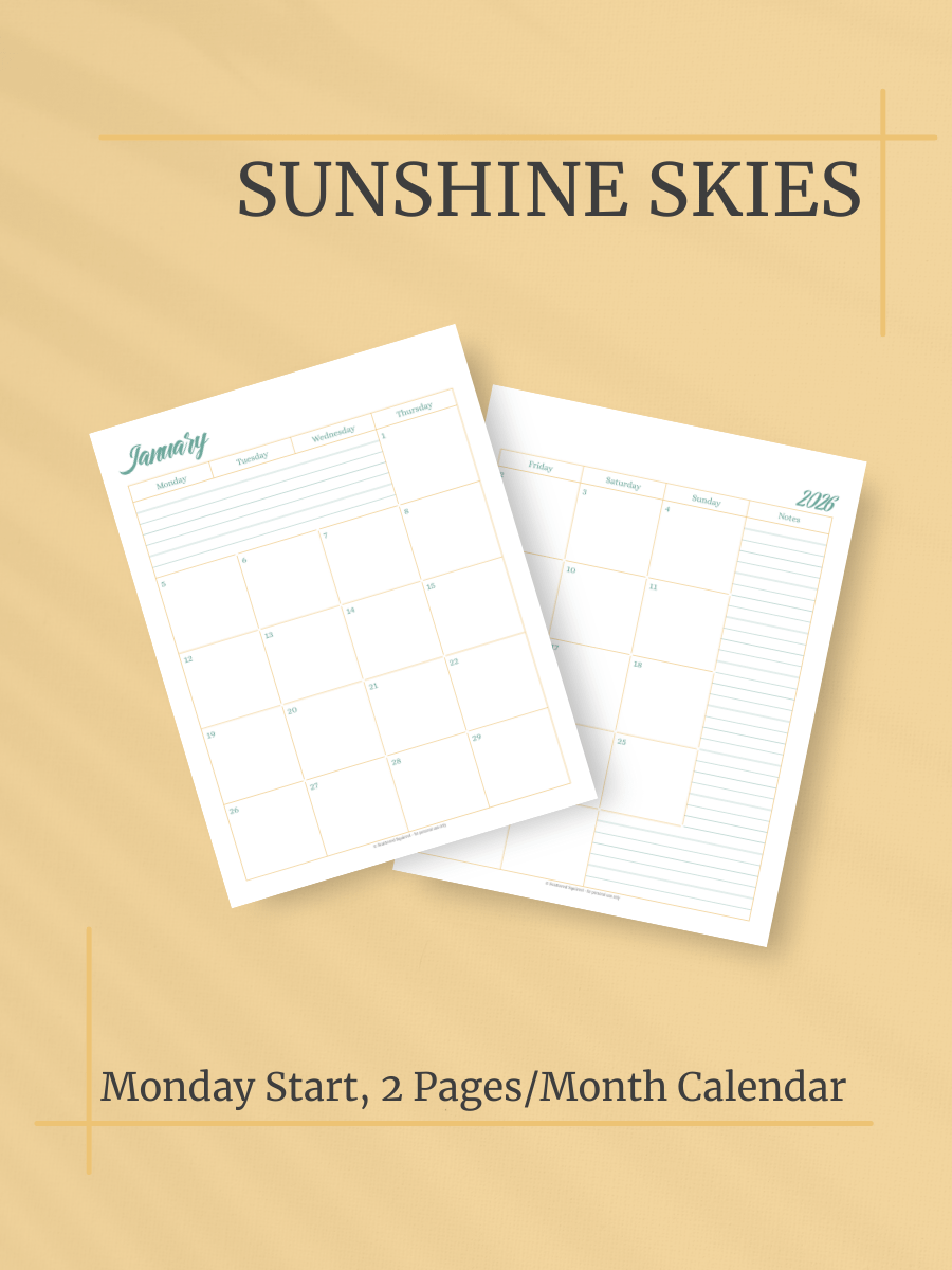 Sunshine Skies 2026 Calendar - 2 Pages per Month, Monday Start, Letter Size product image (1)