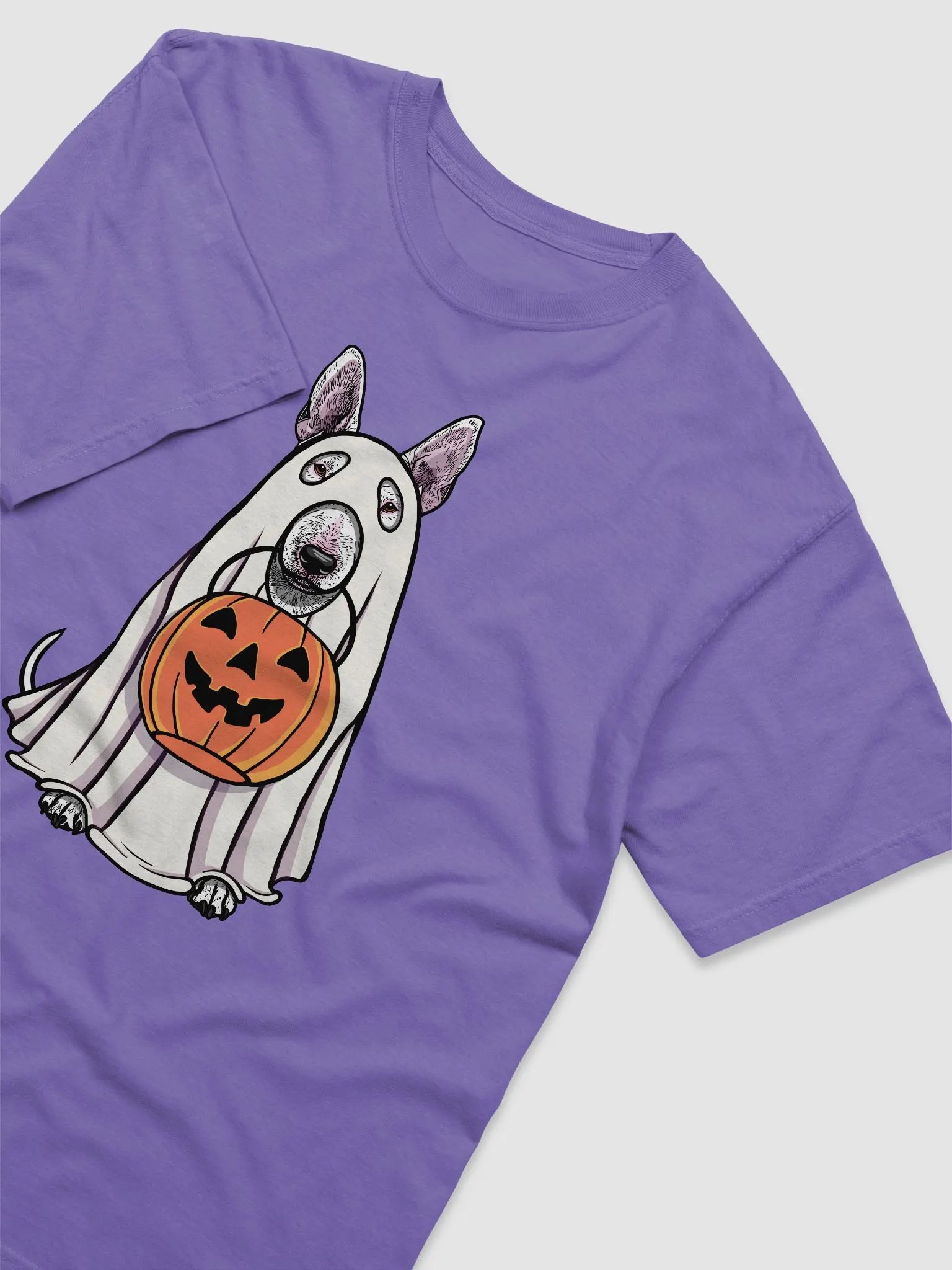 Funny Halloween Bull Terrier T-Shirt | Funny Dog Wearing a Ghost Costume and Holding a Pumpkin Basket product image (29)