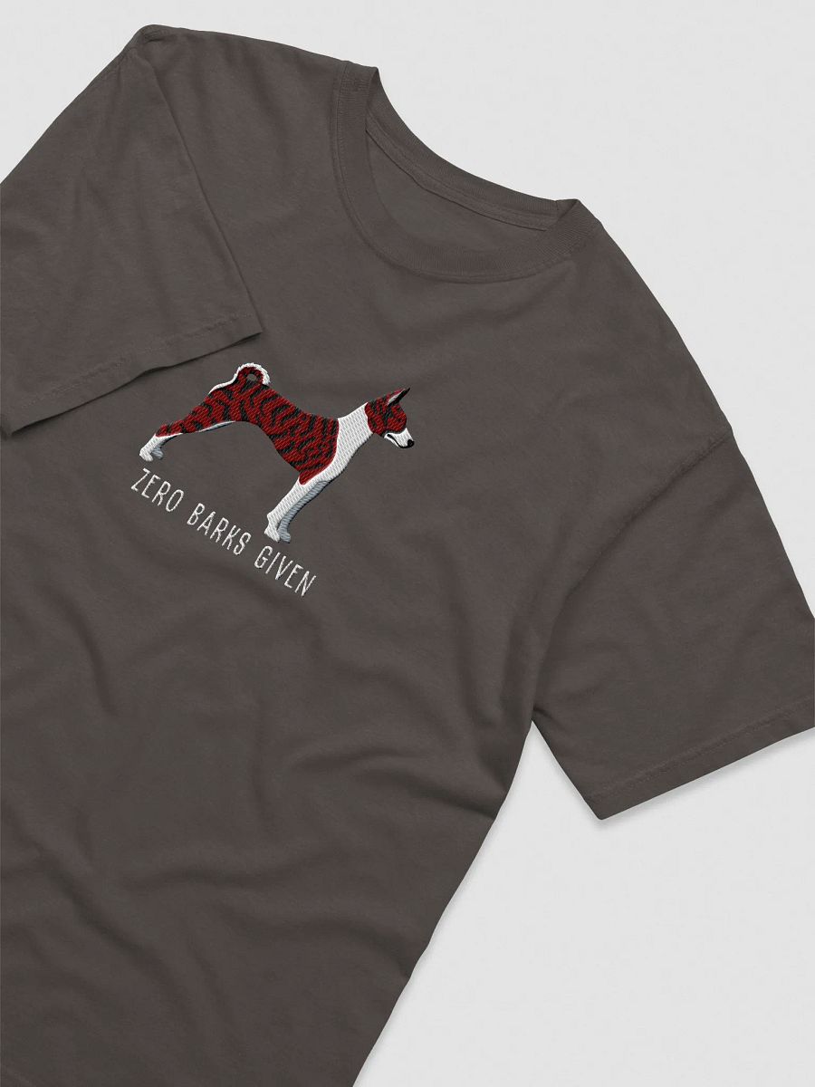 Zero Barks Given T-Shirt(Embroidered) of a Basenji(Brindle) product image (14)