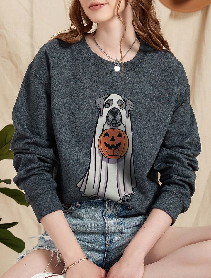 Funny Halloween Great Dane(Gray) Sweatshirt | Funny Great Dane Wearing a Ghost Costume and Holding a Pumpkin Basket product image (5)