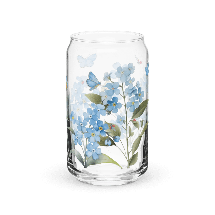 Forget-Me-Not Whispers Glass Can Tumbler | 16oz Eco-Friendly Botanical Drinkware | Blue Blossoms & Butterflies Design product image (9)