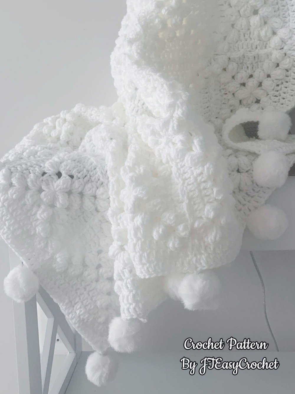 Granny Square Blanket With Poms, Easy Crochet Pattern & VIDEO, Textured Crochet Throw Home Decor, Baby Gift product image (6)