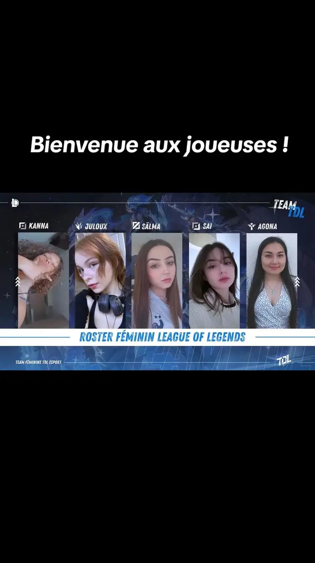 Elles sont là pour tout arracher, Accueillez comme il se doit les joueuses de l'équipe féminine de TDL Esport sur League Of Legends ! 🇫🇷 Kanna_lol9  🇫🇷 Juyuzuuu  🇫🇷 Salmalol_  🇫🇷 Saiylas  🇫🇷 Agona_lol #TDLWIN🩵