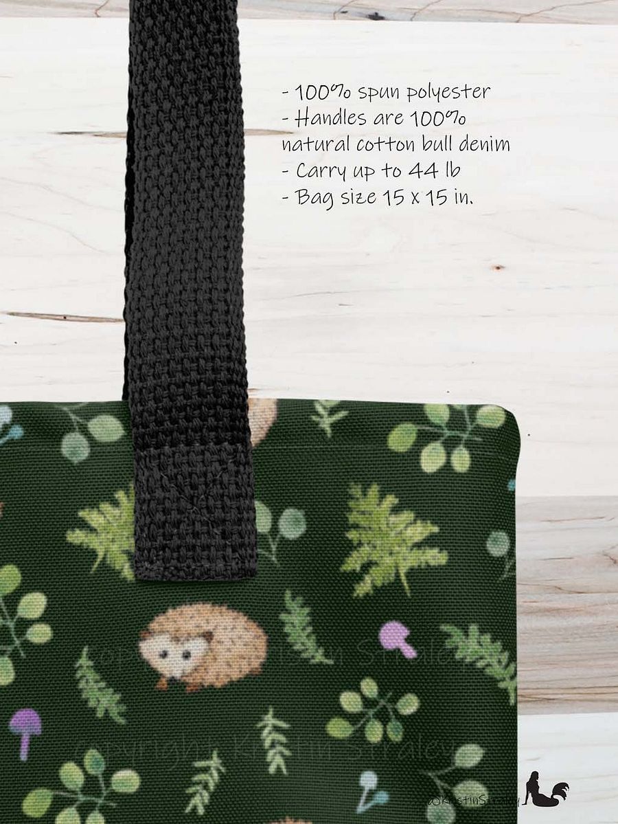 Hedgehogs with Ferns and Mushrooms on Dark Green Tote Bag product image (3)